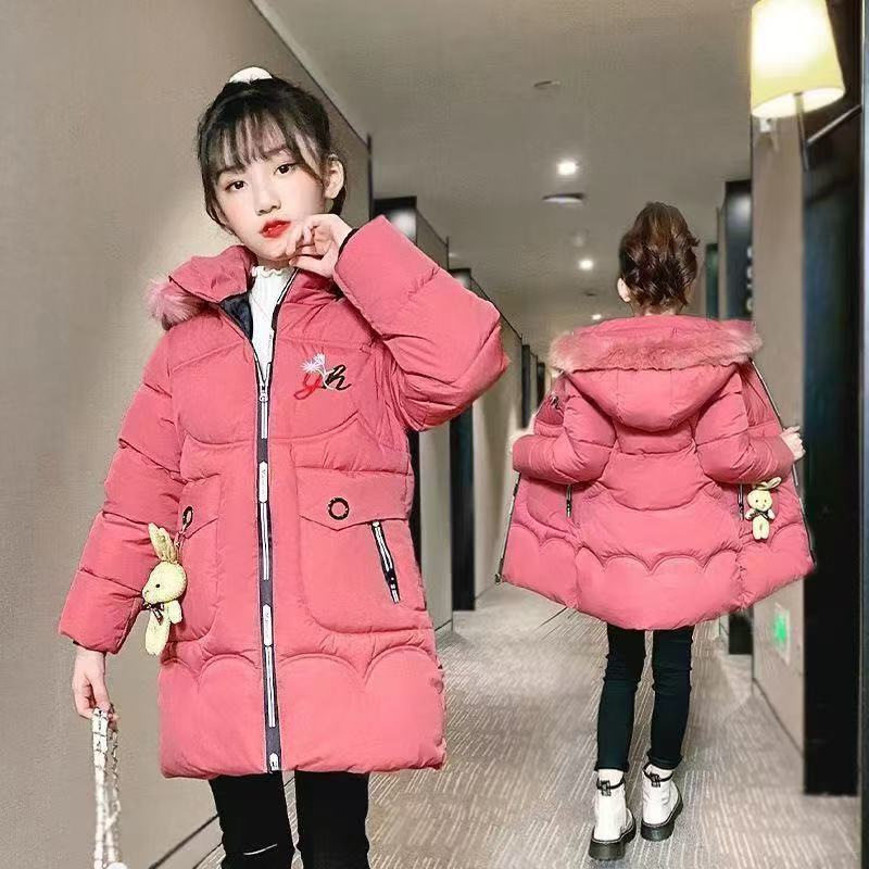 外贸棉服女童棉衣外套中长款儿童冬装棉服大毛领加厚保暖棉袄洋气
