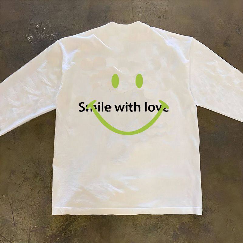 美式嘻哈复古街头痞帅重磅圆领长袖笑脸印花宽松休闲百搭男款T恤