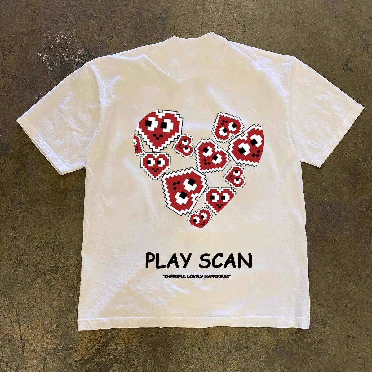 痞帅重磅短袖方块爱心印花圆领t恤男款简约百搭青少年帅气上衣