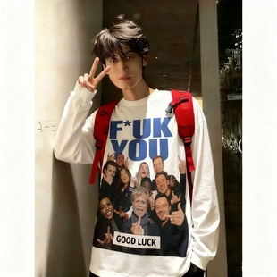 时尚重磅复古美男款式上衣痞帅字母印花宽松休闲百搭螺口长袖