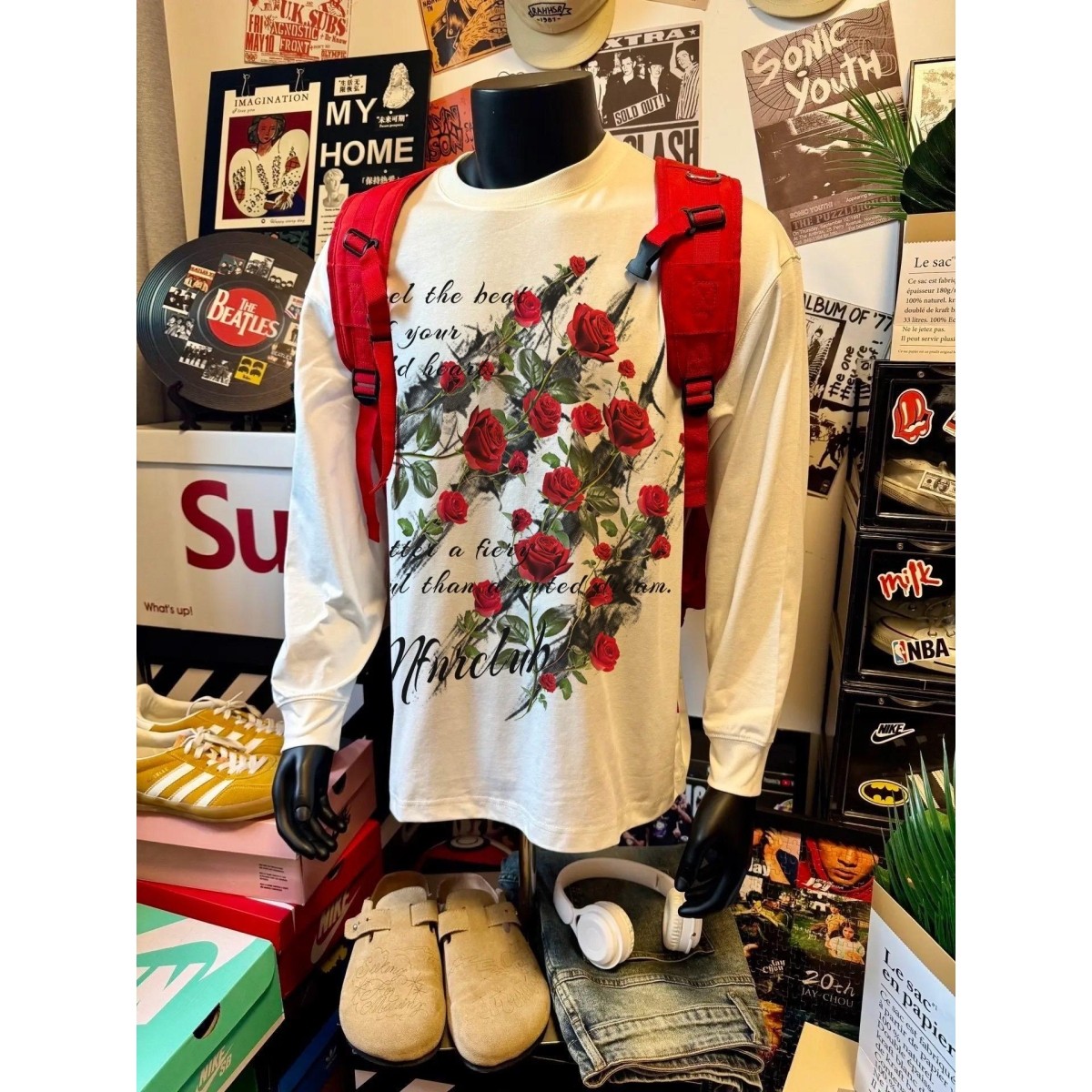 260G重磅复嘻哈古街头上衣男痞帅圆领玫瑰花印花百搭螺口长袖T恤