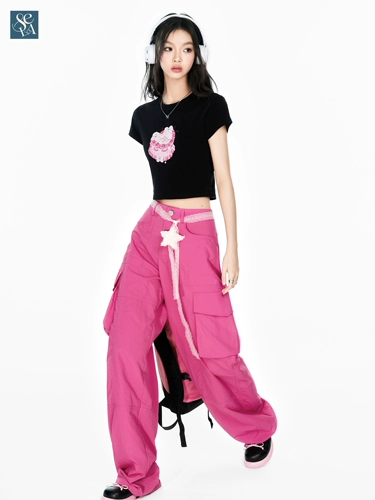 Sens La осень Kpop Pink Low -Waiast Worker Praping Bants Женская сладкая горячая девушка свободна прямые брюки