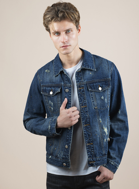 HELLEN&WOODY早春2025新款男牛仔夹克蓝色奢侈品修身破洞牛仔外套