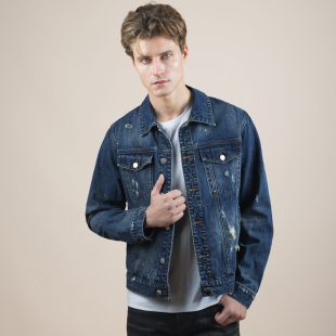 HELLEN&WOODY早春2025新款 破洞牛仔外套 男牛仔夹克蓝色奢侈品修身