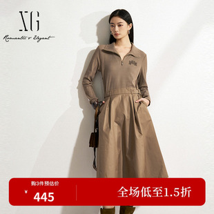 XG/雪歌XK104011A209假两件连衣裙2026春季新款褐色长袖中长裙女