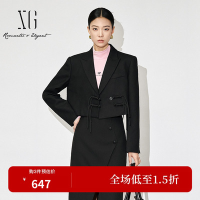 XG/雪歌XJ407021A390 新中式盘扣短外套黑色长袖羊毛混纺外套女装