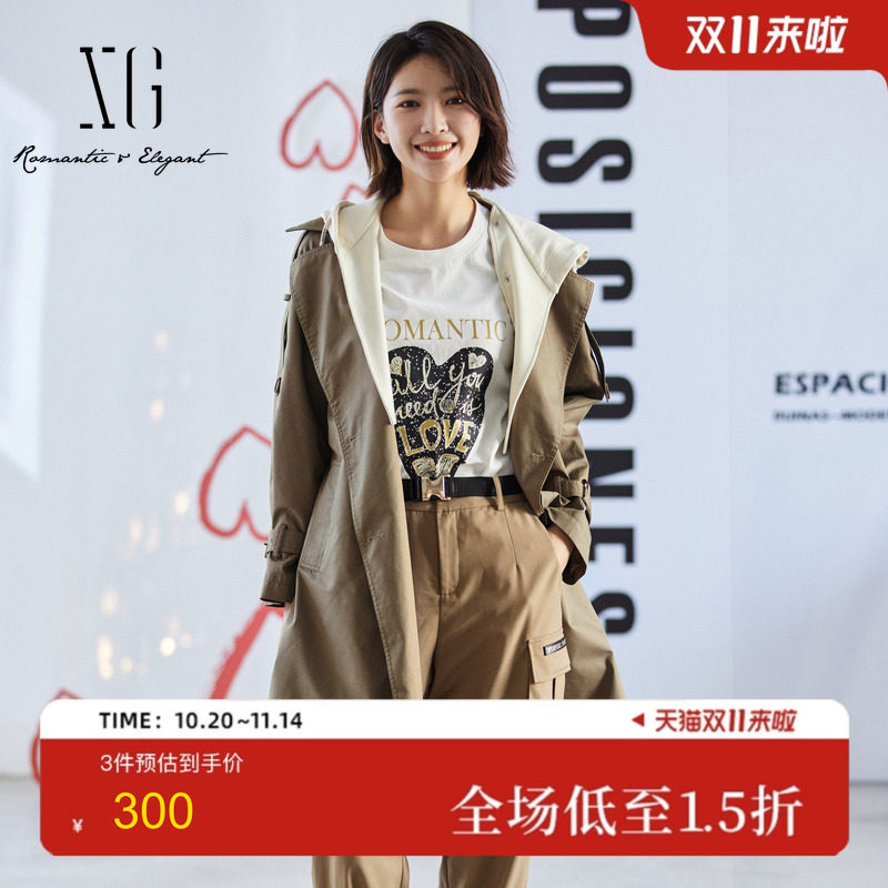 XG雪歌中长款棕色长袖风衣2024秋季新款通勤简约可拆卸连帽外套女