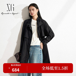 XG/雪歌XK108016A490黑色抽褶长袖风衣2026春季新款中长款外套女