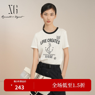 XG雪歌白撞黑船锚印花撞色圆领T恤复古休闲短袖上衣XK201401A451