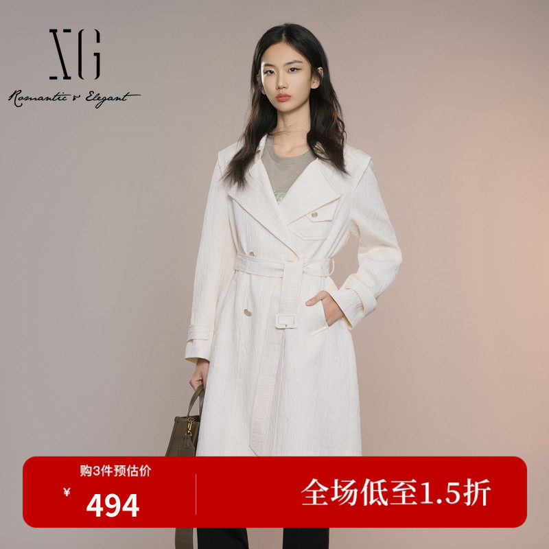 XG雪歌米白色中长款风衣2026秋季新款翻领长袖外套女XK308013A491