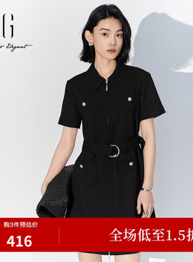 XG雪歌XK204049A190黑色气质短袖连衣裙2026夏季新款翻领直筒裙女