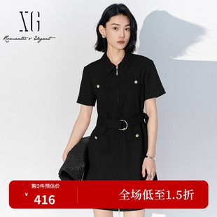 XG雪歌XK204049A190黑色气质短袖连衣裙2026夏季新款翻领直筒裙女