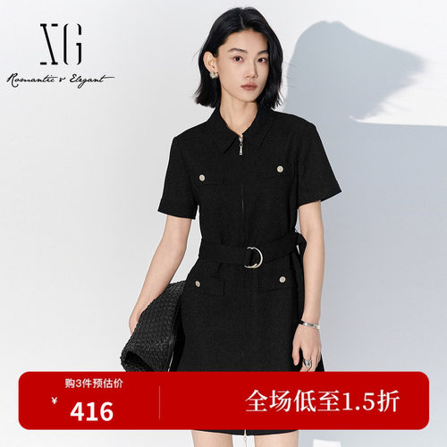 XG雪歌XK204049A190黑色气质短袖连衣裙2026夏季新款翻领直筒裙女
