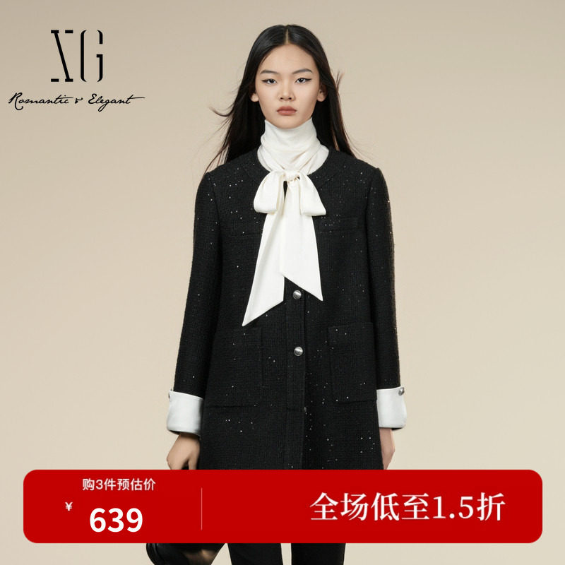 XG/雪歌XK407016A790 黑拼接翻边设计毛呢外套中长款圆领大衣女装