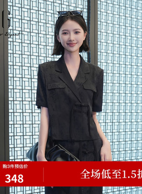 XG雪歌黑色提花盘扣短袖西装外套夏新款新中式短上衣XK221003A690