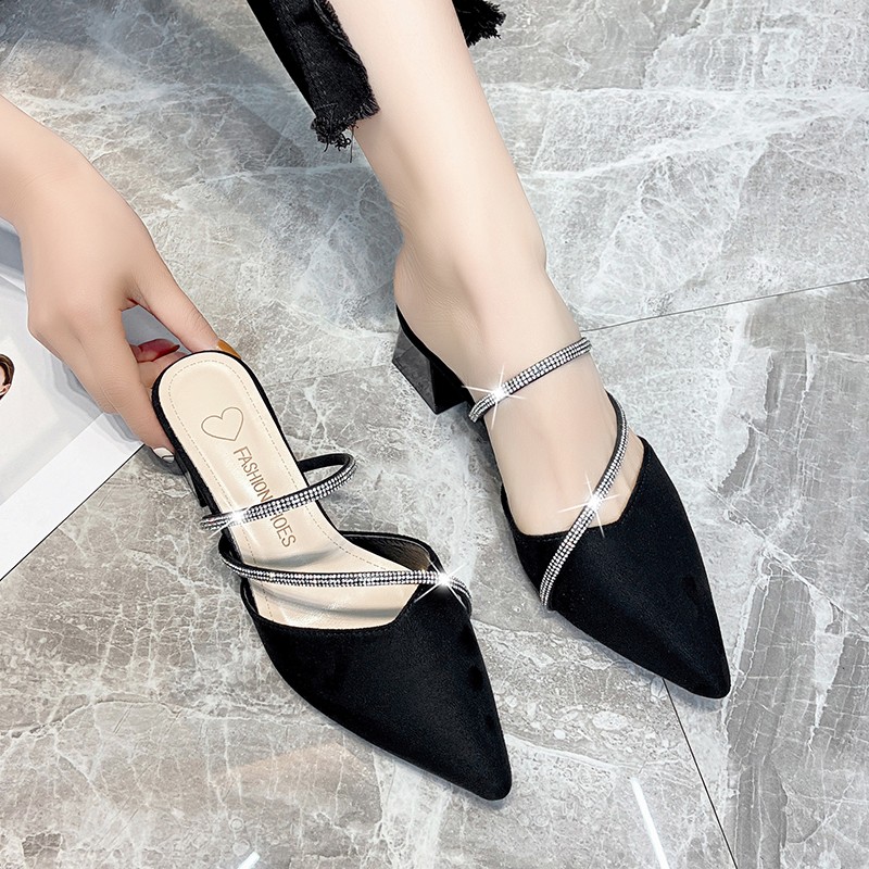 懒人休闲百搭水钻粗跟显瘦穆勒鞋