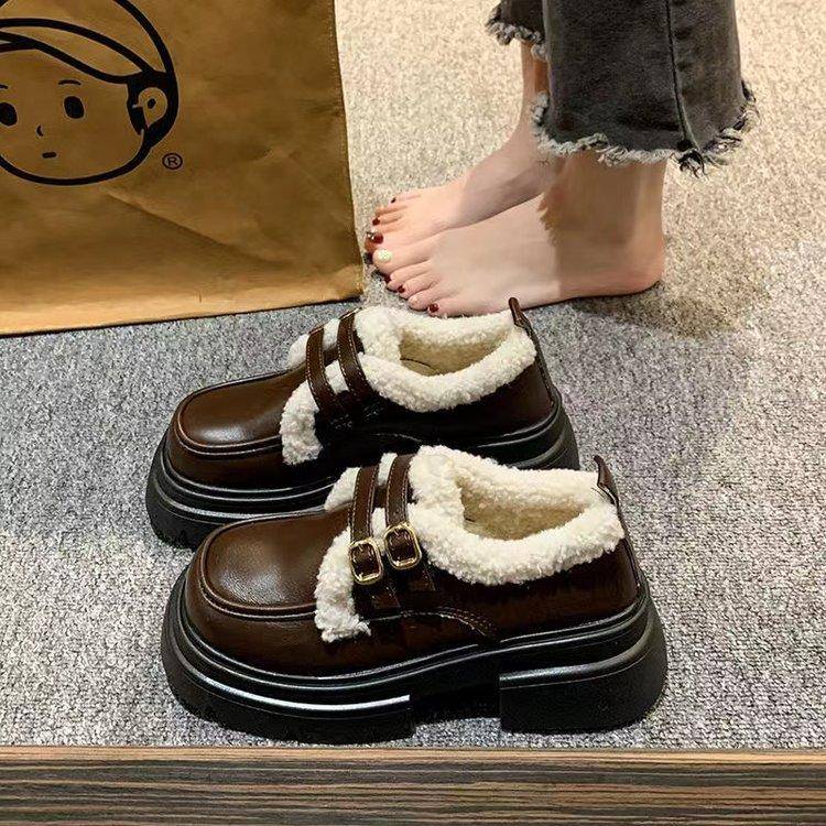 英伦风小皮鞋女冬季加绒厚底爆款毛毛豆豆鞋2025新款保暖棉鞋单鞋