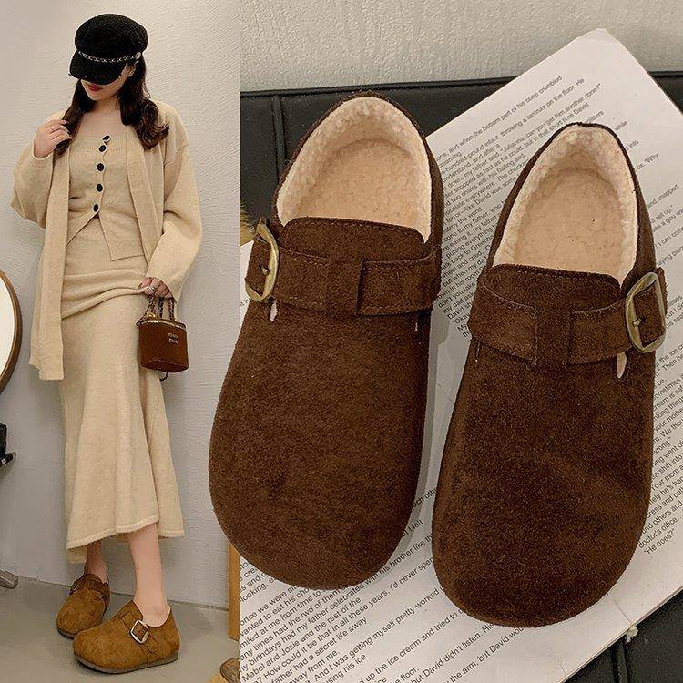 加绒勃肯鞋女2025冬季新款外穿全包懒人一脚蹬保暖厚底休闲毛毛鞋