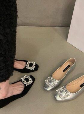 平底银色高级感方头水钻单鞋女2025年新款秋季黑色通勤方扣豆豆鞋