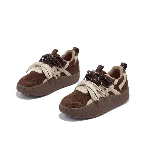 厚底复古德训鞋女2025新款冬季加绒系带休闲鞋百搭磨砂绒面板鞋子