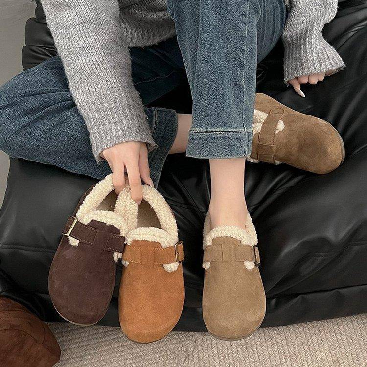 勃肯鞋女加绒2025新款秋冬全包软皮厚底复古平底棉鞋一脚蹬毛毛鞋