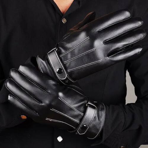 Winter Gloves for Men PU Leather Button Warm Mittens Outdoor