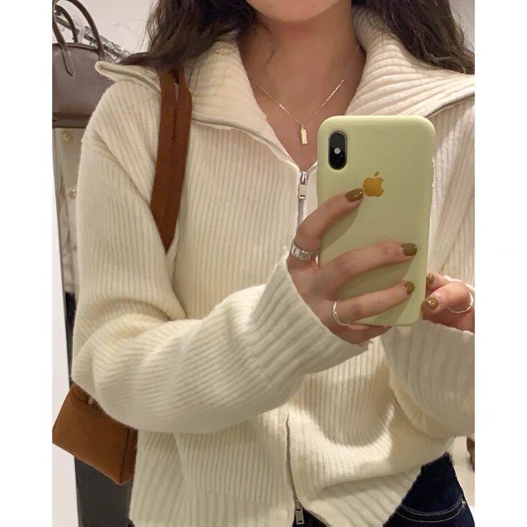 FAYEYE 拉链毛衣外套女秋冬设计感翻领宽松加厚针织开衫外穿上衣