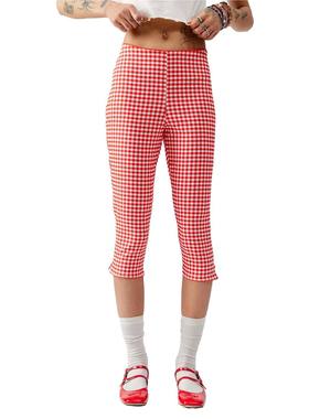 Women Gingham Capri Pants Plaid Cropped Pants Skinny Trouser