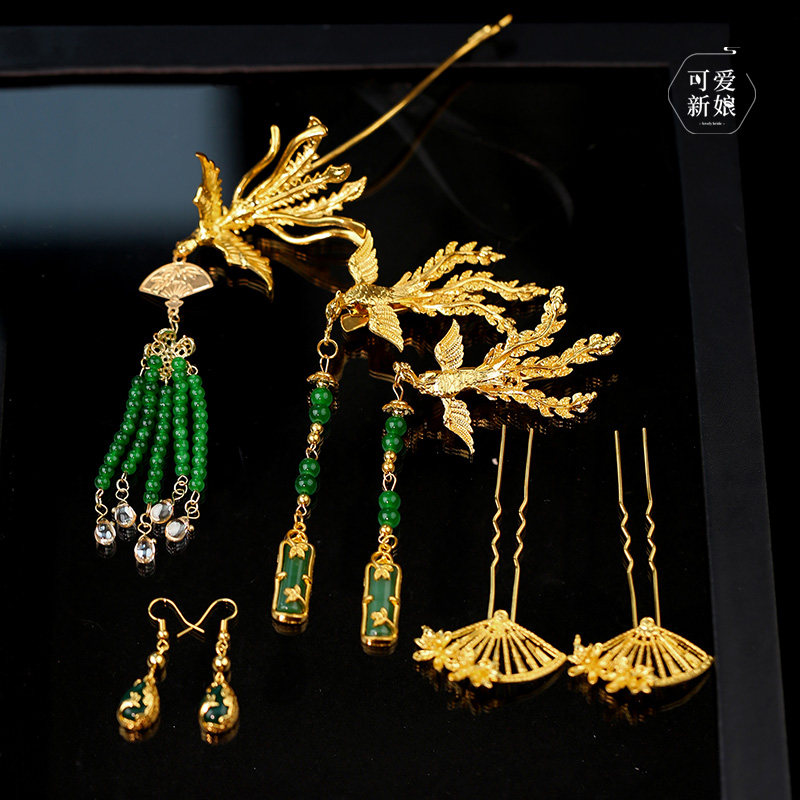 新中式晨袍头饰金绿撞色简约精致凤凰扇子发簪高级感旗袍秀禾发饰