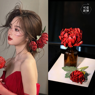 红色仿真牡丹花发簪新中式小众手工花朵发饰新娘晨袍旗袍古典配饰