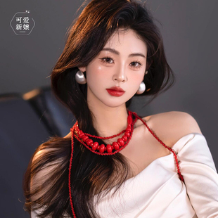 高级感复古新娘重工项链夸张多层红色串珠锁骨链婚纱礼服气质颈链