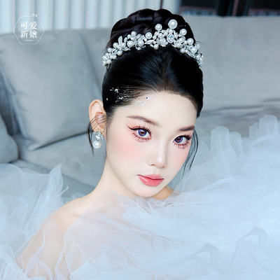 新娘头饰手工珍珠皇冠重工轻奢