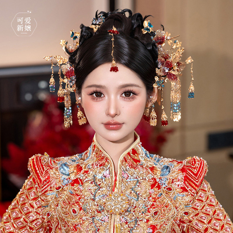 重工新娘头饰红蓝水凝撞色步摇额饰新中式秀禾龙凤褂古典结婚发饰