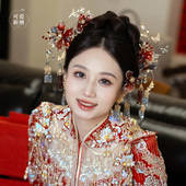 龙凤褂新娘中式 头饰红蓝撞色水凝花朵发簪高级感古典秀禾造型发饰
