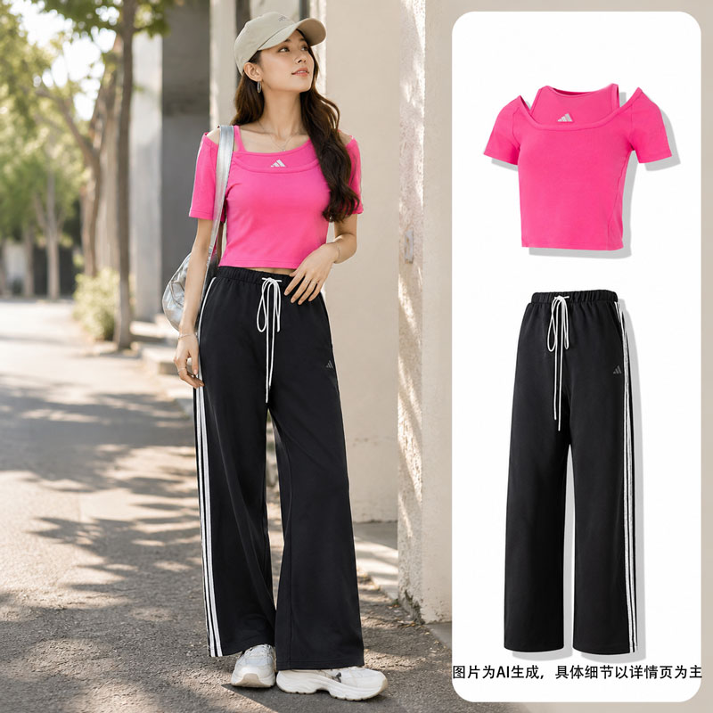 【自营】Adidas阿迪达斯套装女装时尚圆领T恤短袖宽松训练长裤