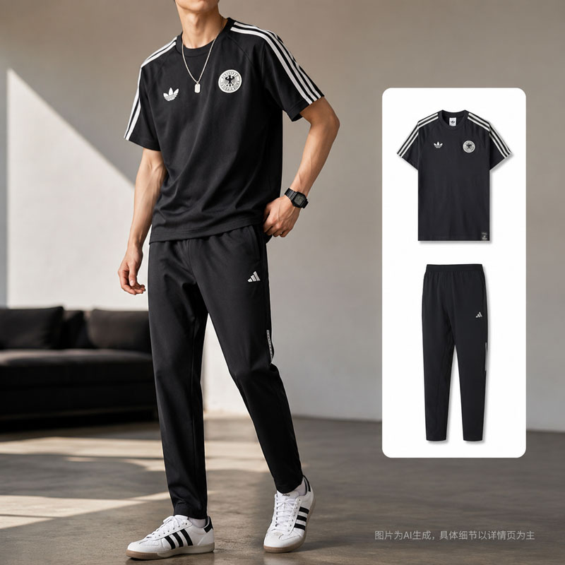 【自营】Adidas阿迪达斯套装男装圆领时尚短袖透气运动梭织长裤