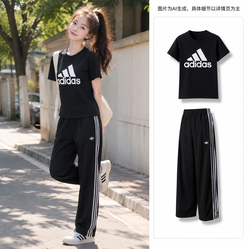 【自营】Adidas阿迪达斯套装女装透气圆领T恤短袖休闲运动长裤