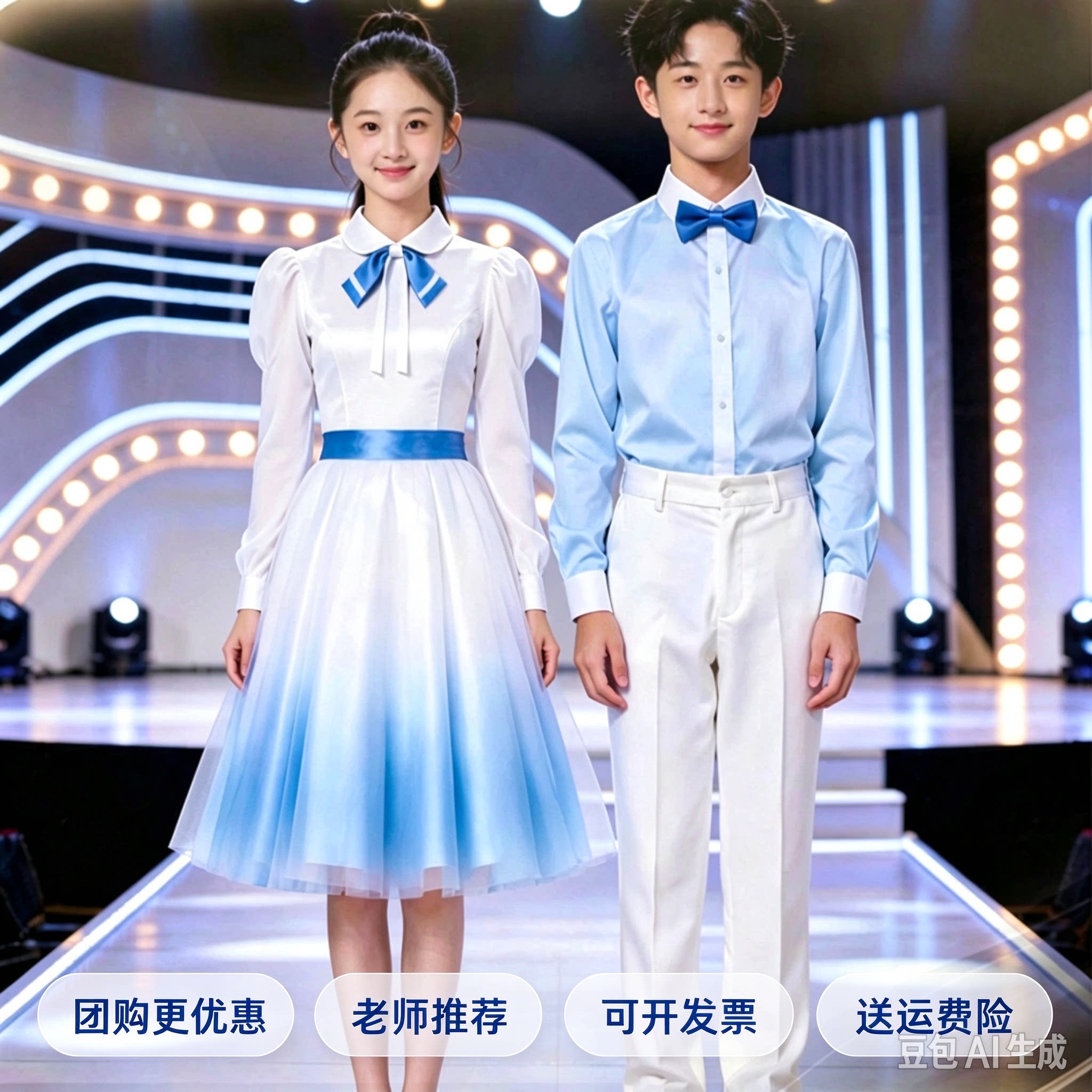 初高中学生成人蓝色爱国合唱团诗歌朗诵比赛演出服演讲服装班服女