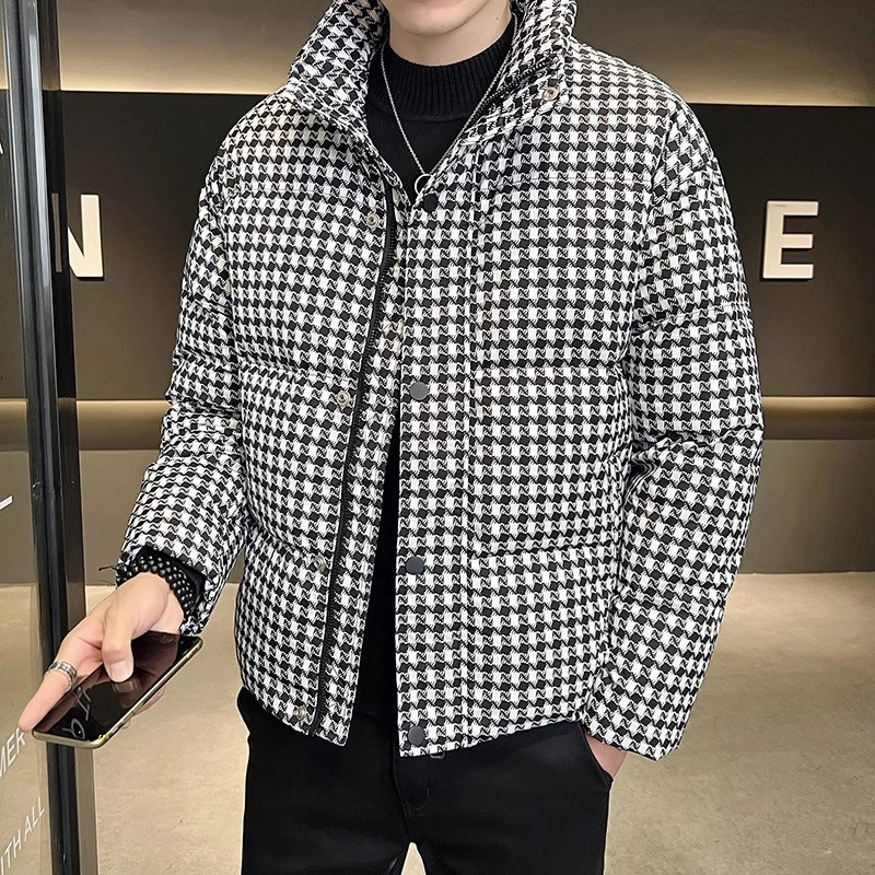 潮牌千鸟格轻薄羽绒服男2025新款短款立领加厚保暖休闲白鸭绒外套