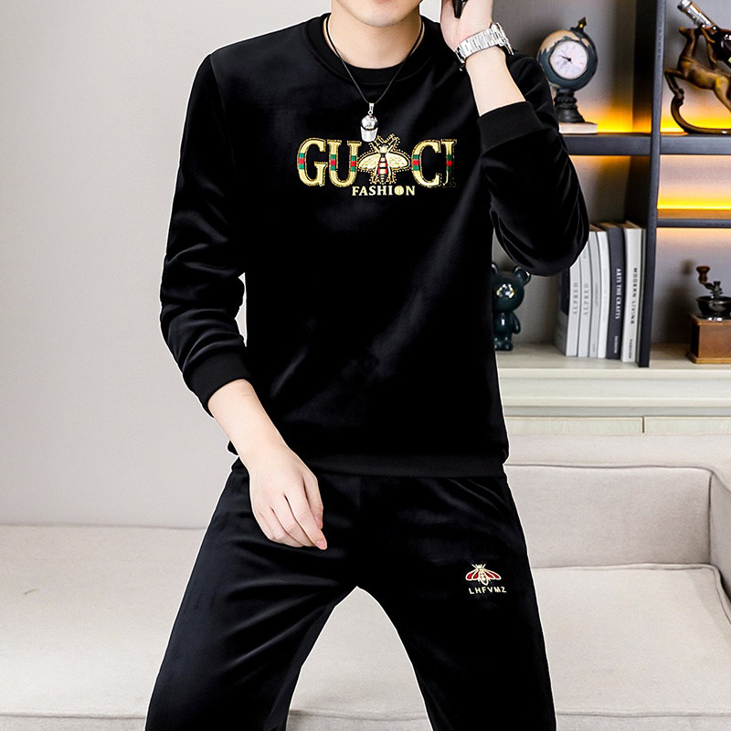 潮牌金丝绒套装男加绒加厚秋冬季运动休闲潮流时尚百搭卫衣两件套