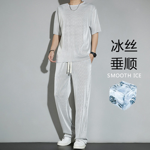 潮牌休闲套装男夏季薄款冰丝时尚