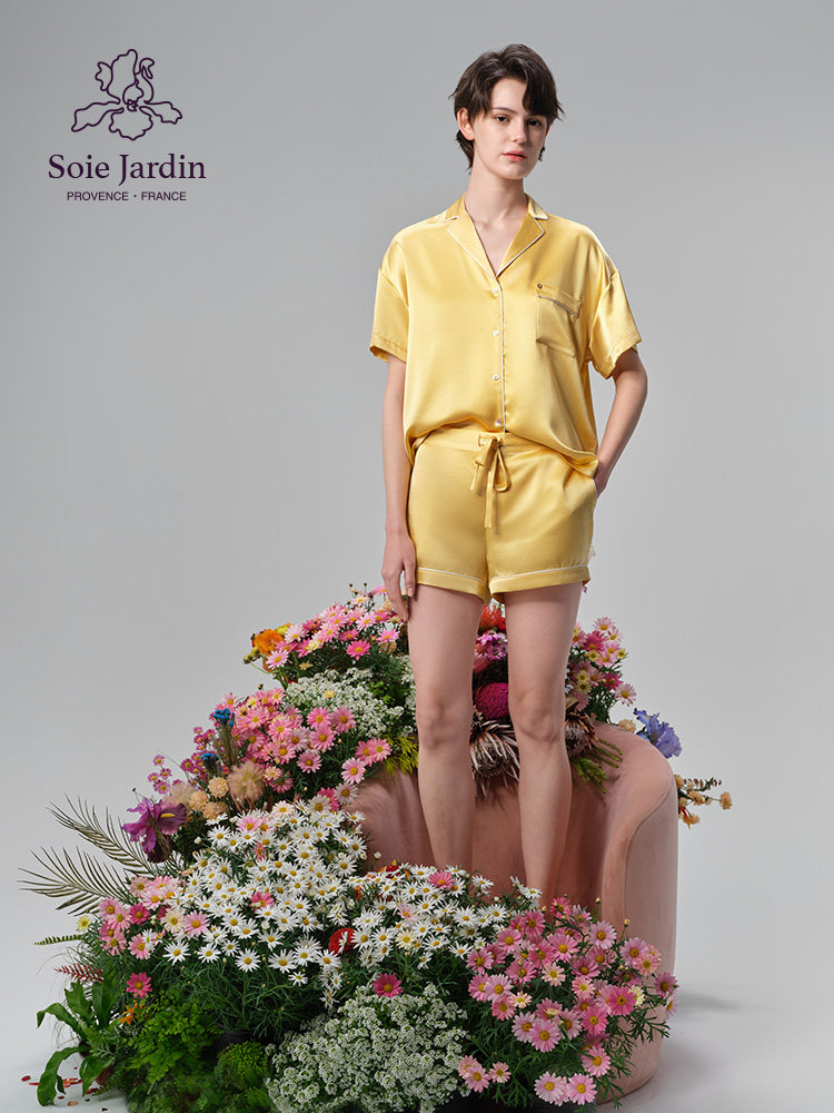 soie jardin0#新款纯色真丝套头无门襟短袖短裤套装家居服