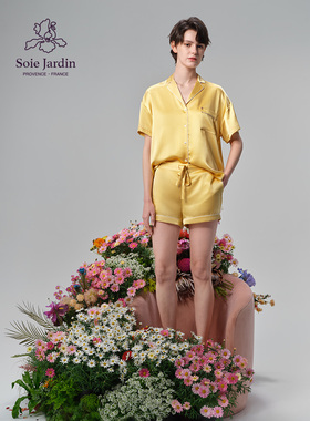 soie jardin0#新款纯色真丝套头无门襟短袖短裤套装家居服