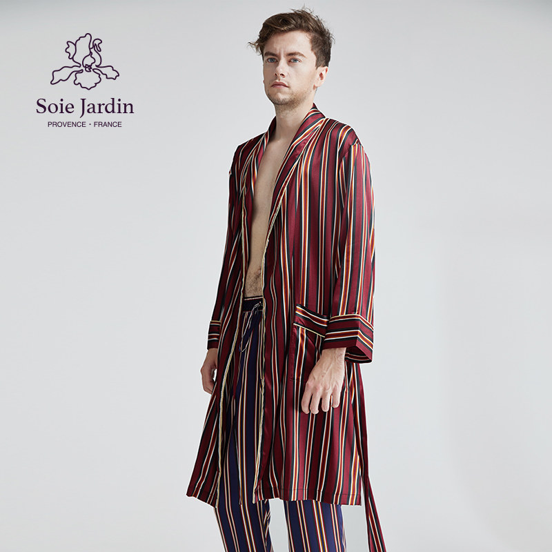 soie jardin3#泰坦男士条纹印花蚕丝缎面翻领睡袍真丝绸宽松浴袍