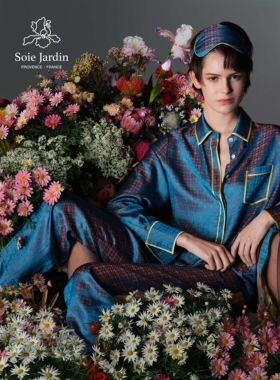 soie jardin3#双色真丝撞色镶边复古鸢尾符色织提花家居服三件套