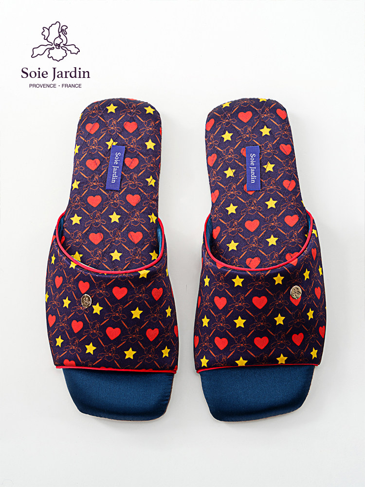 7#soiejardin系列LOVER爱心蓝方头真丝印花家居露趾拖鞋,居家布艺,居家凉拖/凉鞋,淘宝优惠券,粉丝福利购,淘宝优惠卷