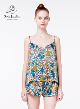 soie jardin3#冬青真丝印花iberty碎花桑蚕丝绸吊带短裤两件套装