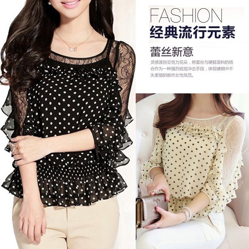 2019新款韩版夏季修身蕾丝收腰波点洋气很仙的短款上衣雪纺衬衫女|msdalam kategori Butik wanita / wanita, baju lace/baju chiffon - dari Buy2taobao.com untuk memberikan perkhidmatan ejen Taobao profesional membeli