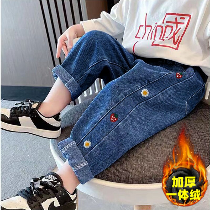 女童加绒加厚牛仔裤2024冬新款儿童宝宝宽松洋气韩版中小童棉裤子