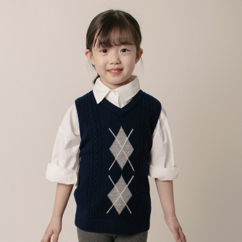 【100%羊毛】女童毛衣马甲儿童羊毛衫加厚背心菱形学院风小女孩潮